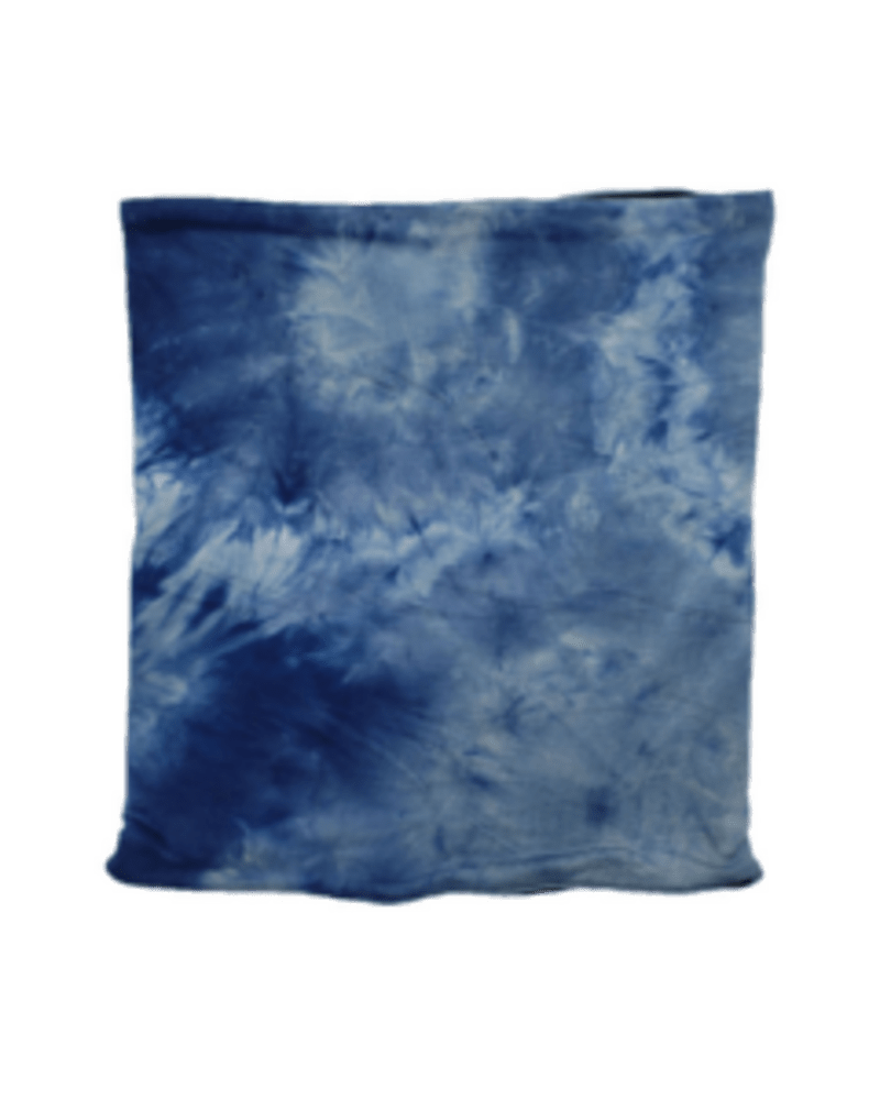 Front of a model wearing a size one-size-fits-all Reversible Neck Gaiter in Blue Tie Dye by L I V D. | dia_product_style_image_id:240847